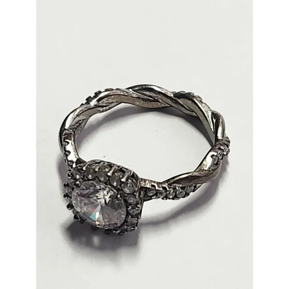 Sterling Silver Halo Twist Ring with Clear Center Stone CZ Size 7